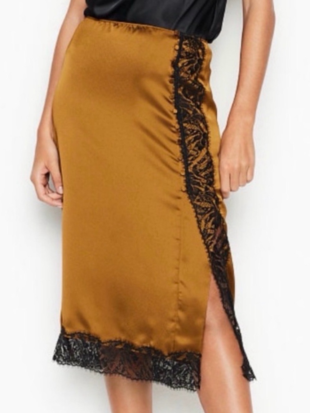 Victoria's Secret Olive Green Midi Slip Skirt with Black Lace Trim